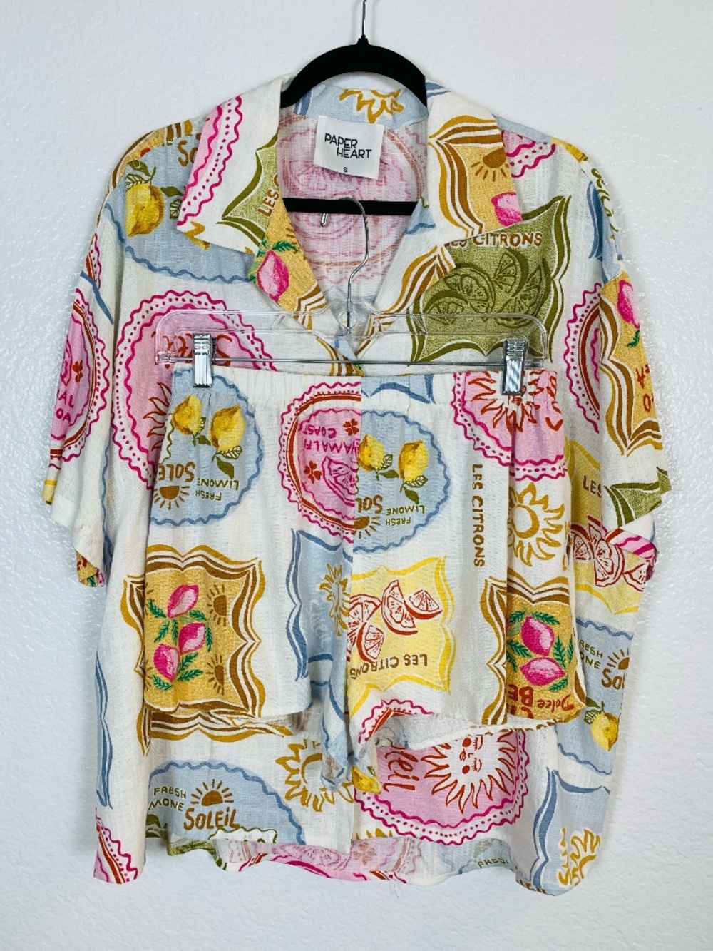 Paper Heart Short Set Womens Small Lemon Fruit Italy Print NWOT Linen Blend